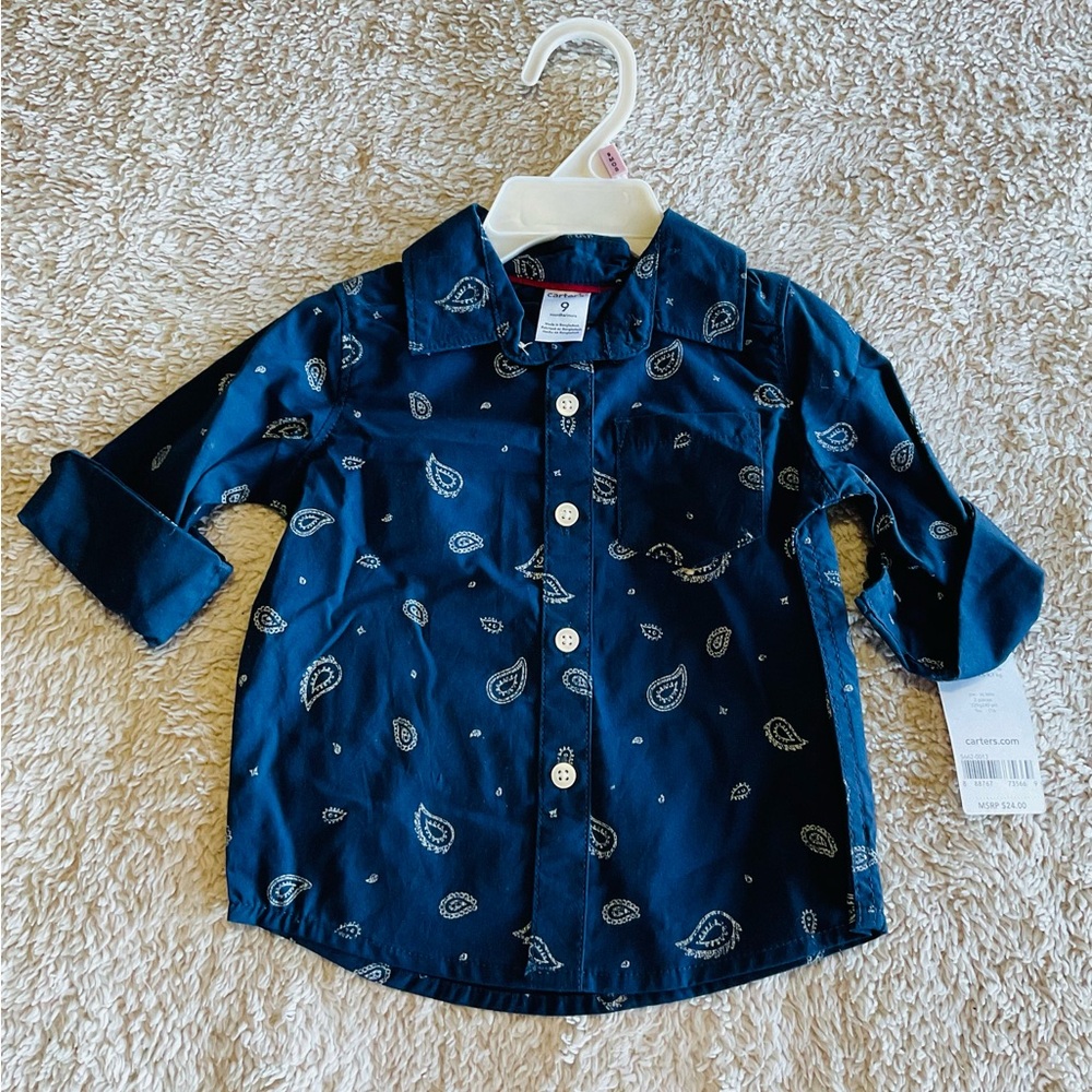 Carters Navy Blue Kids Shirt with Paisley Print Size 9ths